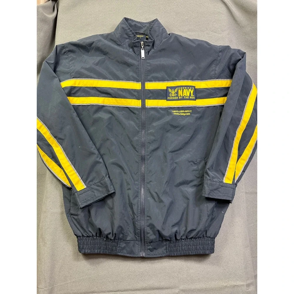 US Navy‎ Windbreaker Jacket Men's S Small Blue Yellow Forged by the Sea Full Zip